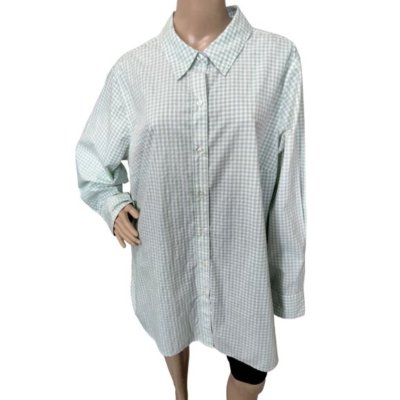 Woman Within Plus Size 1X Light Green White Gingham Button-Up Long Sleeve Shirt - Picture 2 of 10